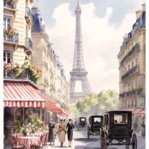 Paris Street with Eiffel Tower Watercolor Painting