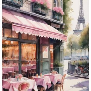 Parisian Café Watercolor Painting with Pink Flowers and Eiffel Tower