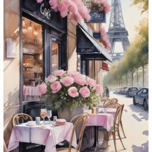 Parisian Café Watercolor Painting with Pink Flowers and Eiffel Tower