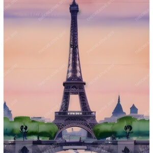 Calm Watercolor Painting of Eiffel Tower with Bridge Road