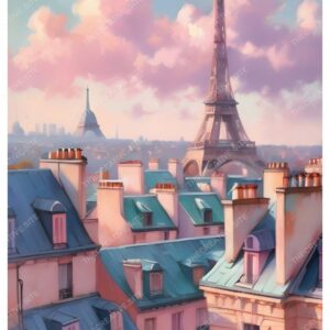 Detailed Paris Street Gouache Painting with Pink Tones