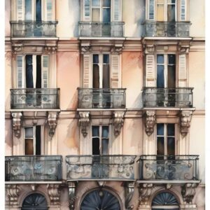Historical Building Balcony Watercolor Painting