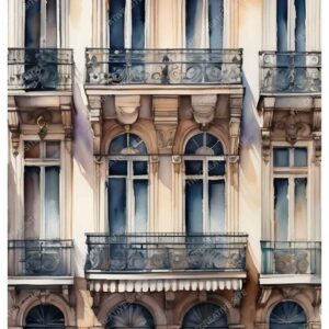 Historical Building Balcony Watercolor Painting