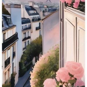 Paris Street Watercolor Painting with Pink Flowers