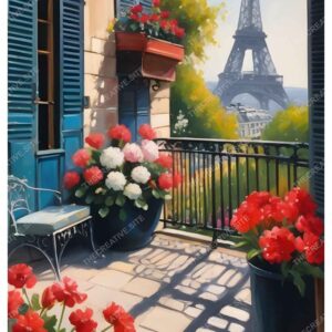 Paris Balcony Gouache Painting with Red Roses