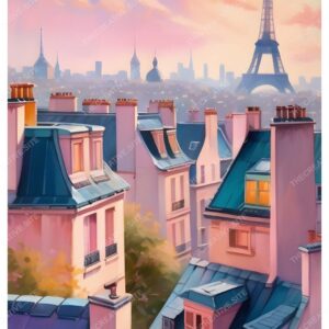 Detailed Paris Street Gouache Painting with Pink Tones