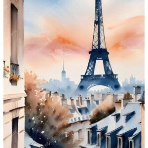 Eiffel Tower Wash Watercolor Painting with Street View