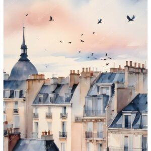 Watercolor Painting of Parisian Buildings with Birds