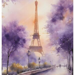 Abstract Watercolor Painting of Eiffel Tower with Purple Trees