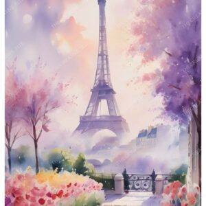 Abstract Watercolor Painting of Eiffel Tower with Purple Trees