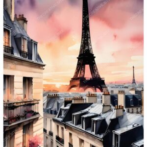 Eiffel Tower Sunset Watercolor Painting with Paris Street View