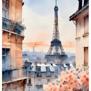 Eiffel Tower Watercolor Painting with Paris Street View