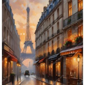 Warm Color Eiffel Tower Oil Painting with Street Lights
