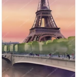 Eiffel Tower River Bridge Watercolor Painting