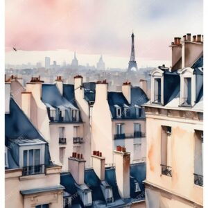 Watercolor Painting of Parisian Buildings with Birds