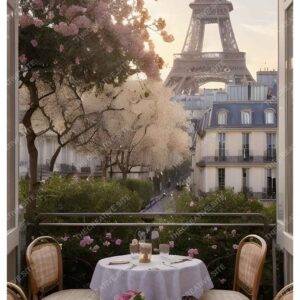 Luxury Paris Balcony Dining Painting with Eiffel Tower View