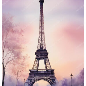 Eiffel Tower Purple Trees Watercolor Wash Painting
