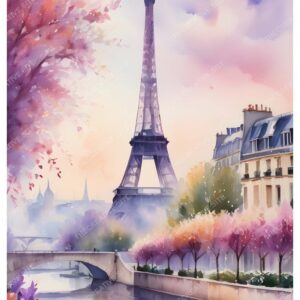 Colorful Eiffel Tower Watercolor Painting with Pink Purple Trees