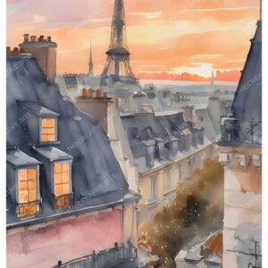 Watercolor Paris Poster with Eiffel Tower and Vintage Buildings