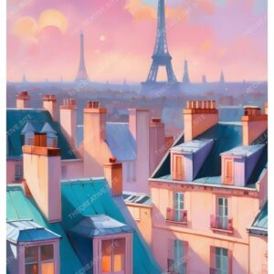 Detailed Gouache Watercolor Painting of Paris with Eiffel Tower