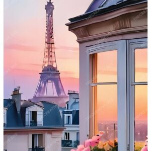 Eiffel Tower Watercolor Painting with Building and Pink Flowers