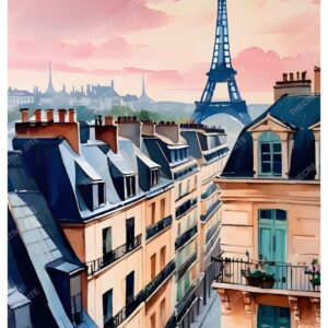 Detailed Gouache Watercolor Painting of Paris with Eiffel Tower