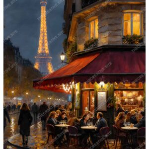 Paris Nightlife Oil Painting with Eiffel Tower Lights