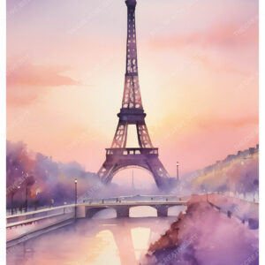Colorful Eiffel Tower Watercolor Painting with Pink Purple Trees