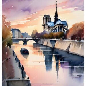 Paris River Bridge Watercolor Painting with Buildings