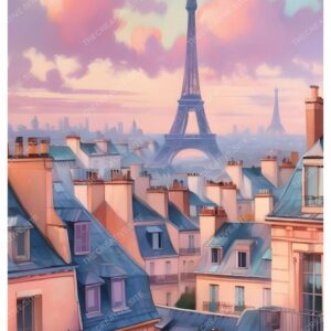 Detailed Gouache Watercolor Painting of Paris with Eiffel Tower