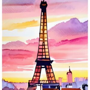 Abstract Eiffel Tower Watercolor Painting with Bold Lines