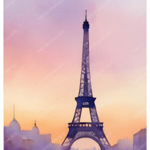 Colorful Eiffel Tower Watercolor Painting with Pink Purple Trees