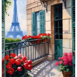 Paris Balcony View with Flowers and Eiffel Tower Painting