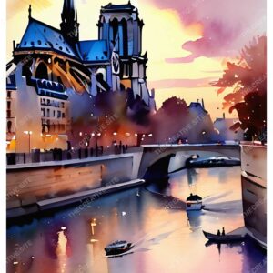 Paris River Bridge Watercolor Painting with Buildings