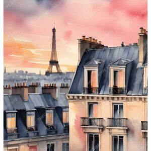 Vintage Parisian Building Watercolor Painting with Eiffel Tower