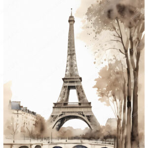 Sepia Eiffel Tower Watercolor Painting