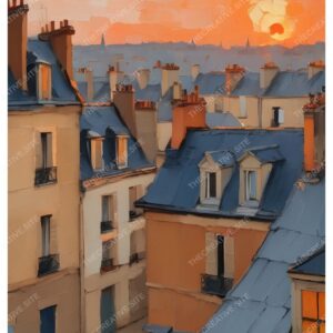 Parisian Buildings Oil Impasto Sunset Painting