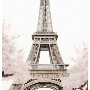 Monochrome Watercolor Eiffel Tower with Pink Flowers