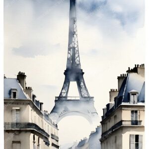Monochrome Watercolor Eiffel Tower with Building Frame