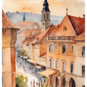 Watercolor Parisian Building with Public Street Scene