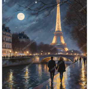 Paris Nightlife Oil Painting with Eiffel Tower Lights