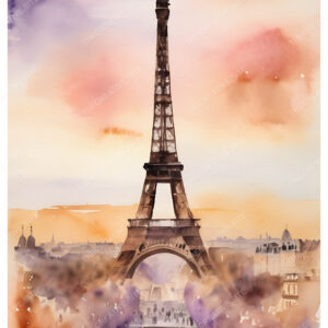 Full View Watercolor Eiffel Tower with Wash Technique