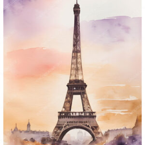 Eiffel Tower Watercolor Sunset Painting