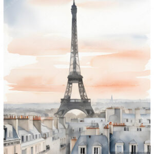 Calm Parisian Street with Eiffel Tower Watercolor Painting