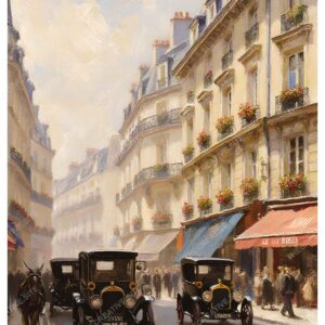 Vintage Paris Street Oil Painting with Classic Cars