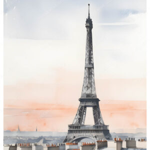 Parisian Watercolor Painting with Eiffel Tower and Rooftops