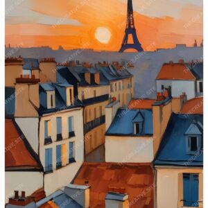 Sunset Paris Oil Painting with Eiffel Tower and Colorful Rooftops