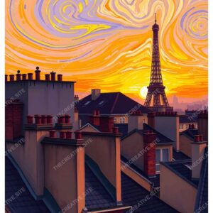Van Gogh Style Sunset Paris Oil Painting with Eiffel Tower