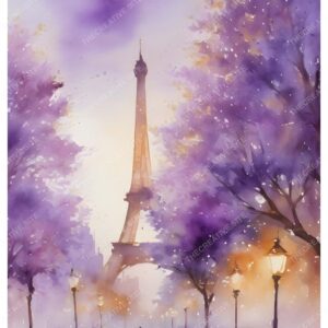 Eiffel Tower Paris Watercolor Painting with Purple Trees