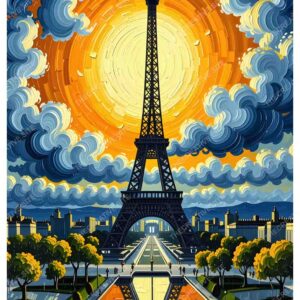 Van Gogh Style Paris Oil Painting with Eiffel Tower and Clouds